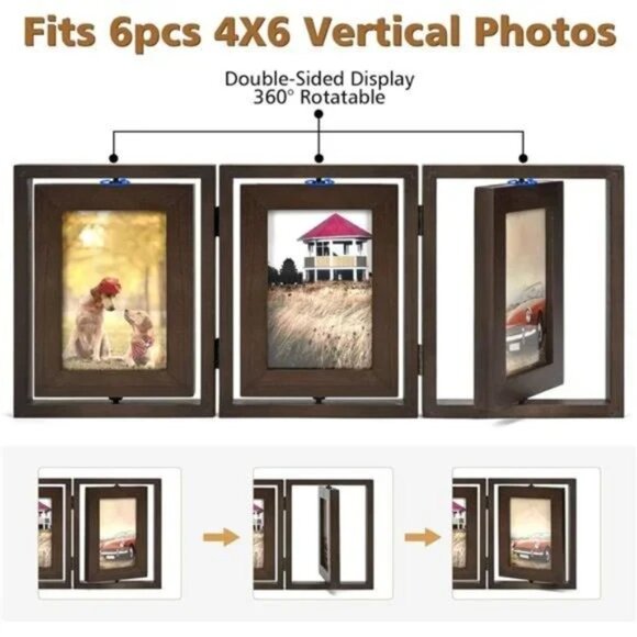 4x6 Picture Frame Rustic Wood Hinged Folding Triple Picture Frames Collage - Picture 4 of 7